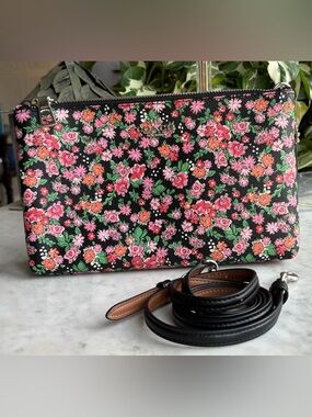 Coach Black Floral Crossbody with Pink, Red, Orange Flowers